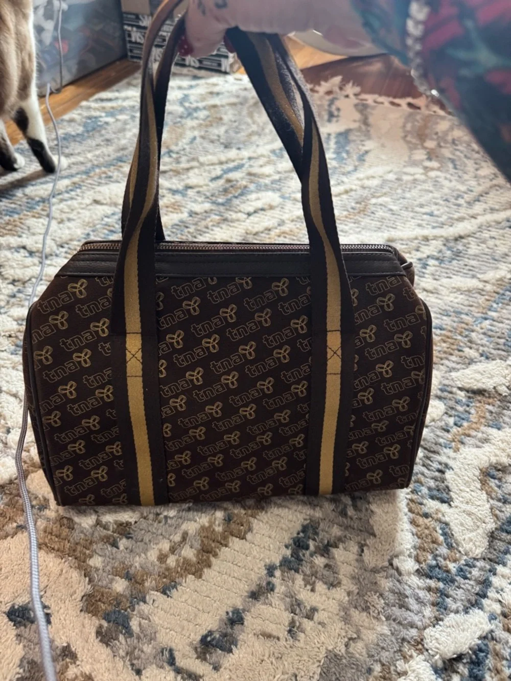 TNA Brown Barrel Tote with Striped Mustard Handles - Picture 6 of 9